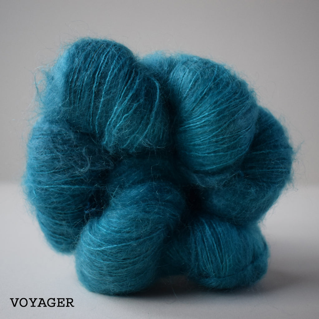 gingers hand dyed leading lady lace mohair silk hand dyed styled shot lace weight indie dyed yarn brigh blue voyager