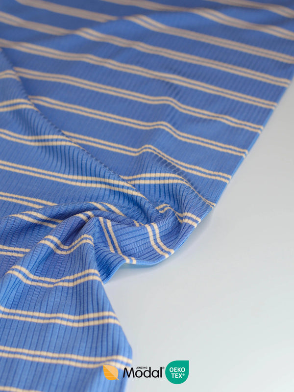 a close up of blue and white stripe jersey fabric
