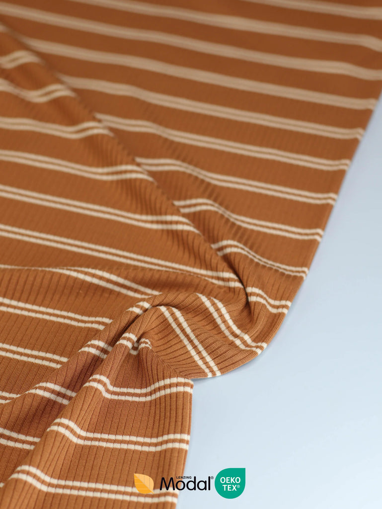 toffee coloured jersey fabric with white stripes