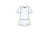 A simple black line drawing of a short-sleeve white dress with a ruffled hem, centered on a plain white background.