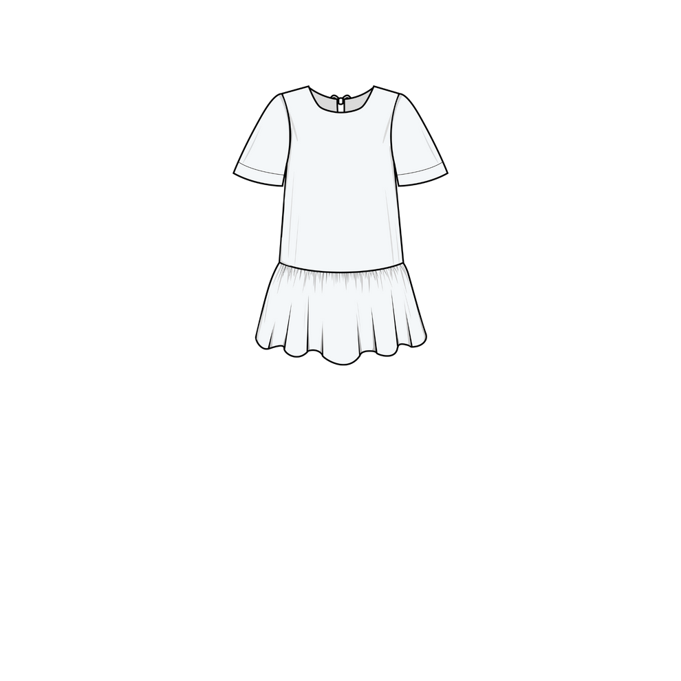 A simple black line drawing of a short-sleeve white dress with a ruffled hem, centered on a plain white background.