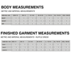 A size measurement chart for a ruffle dress, showing body measurements in metric and imperial units including bust, waist, and hip, plus finished garment measurements for sizes XXS through XXL-20/22.