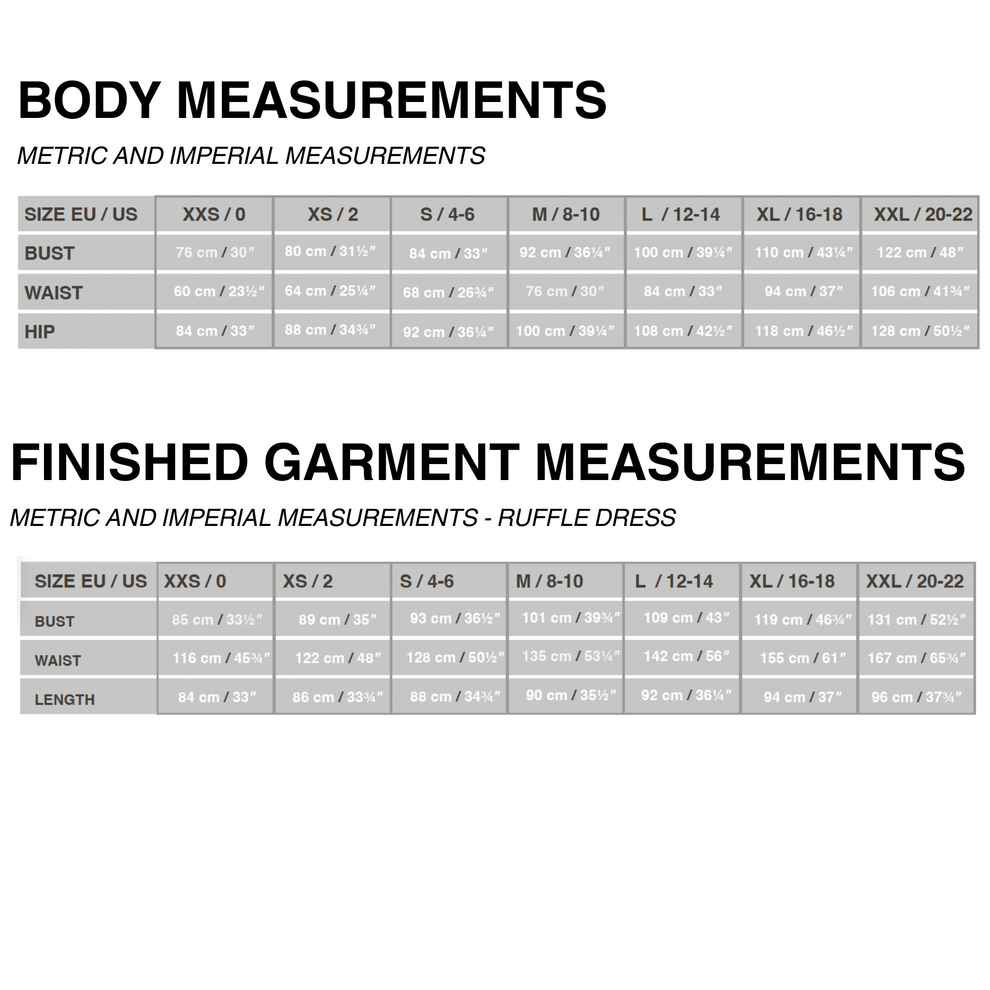 A size measurement chart for a ruffle dress, showing body measurements in metric and imperial units including bust, waist, and hip, plus finished garment measurements for sizes XXS through XXL-20/22.