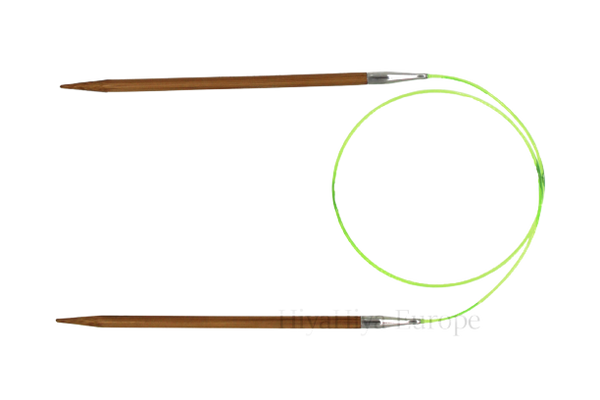 A set of circular bamboo knitting needles with a flexible cable and seamless join.