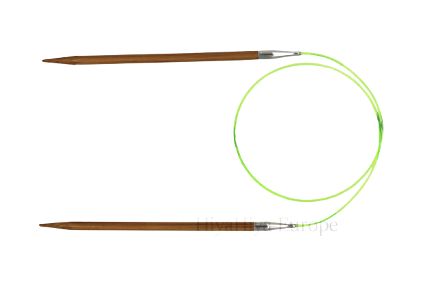 A set of circular bamboo knitting needles with a flexible cable and seamless join.