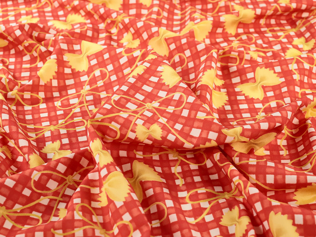Red fabric with yellow checkered pattern