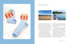 Pair of striped socks with lobster design on a blue background, accompanied by text and images.