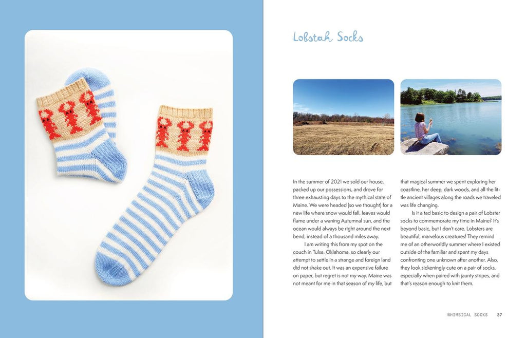Pair of striped socks with lobster design on a blue background, accompanied by text and images.