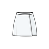 A minimalist line-art illustration of a white wrap-style skirt with black outlines, centered on a plain white background.