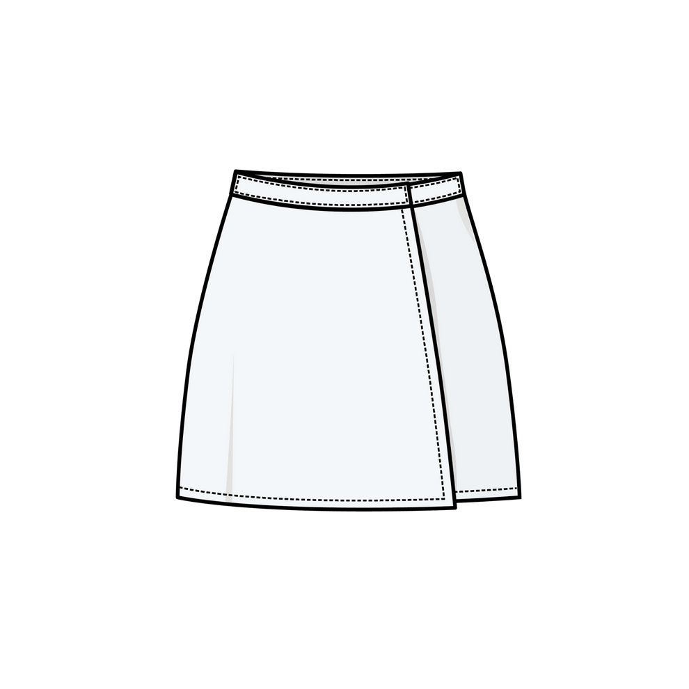 A minimalist line-art illustration of a white wrap-style skirt with black outlines, centered on a plain white background.