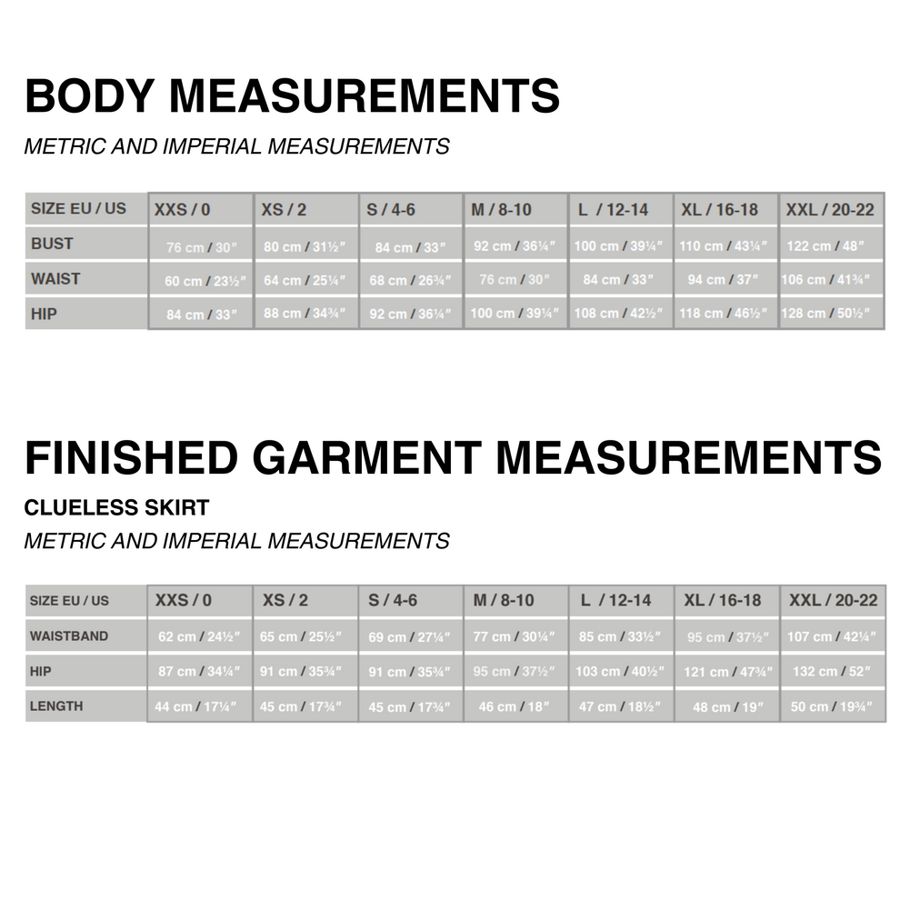 A size measurement chart with two tables: one showing body measurements in metric and imperial for sizes XXS/0 to XXL-20/22, and another showing finished garment measurements for a clueless skirt in the same size range.