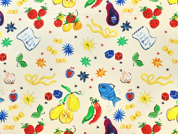 Colorful pattern of fruits, vegetables, and pasta on a beige background