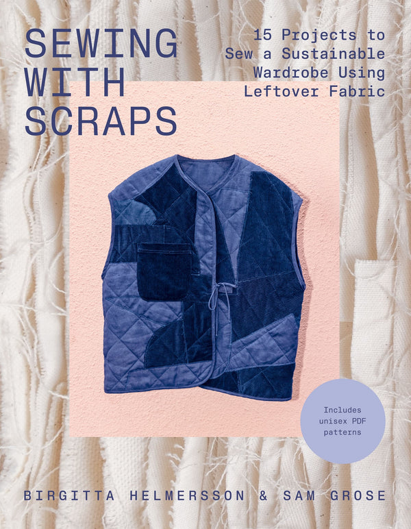 Book cover of 'Sewing with Scraps' featuring a blue quilted vest on a pink background.