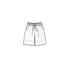 A simple line-art illustration of a pair of shorts centered on a plain white background. The shorts have an elastic waistband with a drawstring and side pockets.