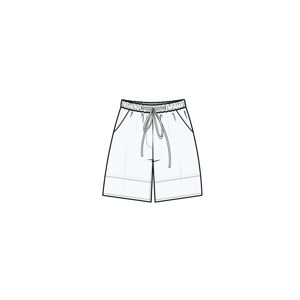 A simple line-art illustration of a pair of shorts centered on a plain white background. The shorts have an elastic waistband with a drawstring and side pockets.