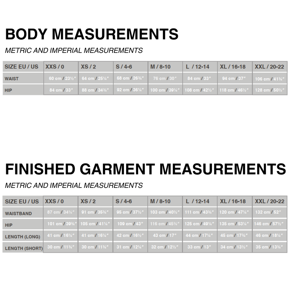 A size measurement chart with two tables: one titled 'BODY MEASUREMENTS' showing body measurements in centimeters and imperial measurements in inches for waist and hip by size, and one titled 'FINISHED GARMENT MEASUREMENTS' showing garment measurements by size.