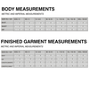 Measurement chart for body and garment dimensions with size ranges and measurements.