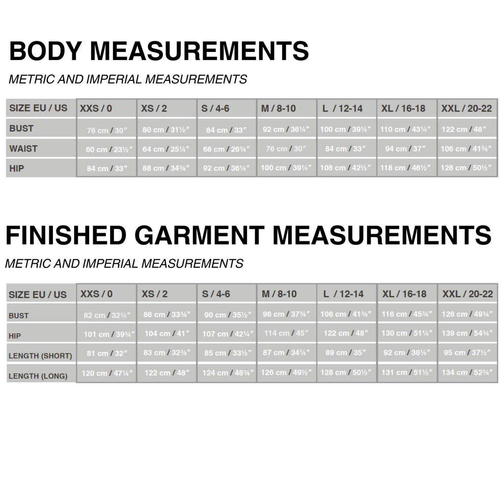Measurement chart for body and garment dimensions with size ranges and measurements.
