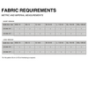 Fabric requirements chart with size measurements in metric and imperial units on a white background.