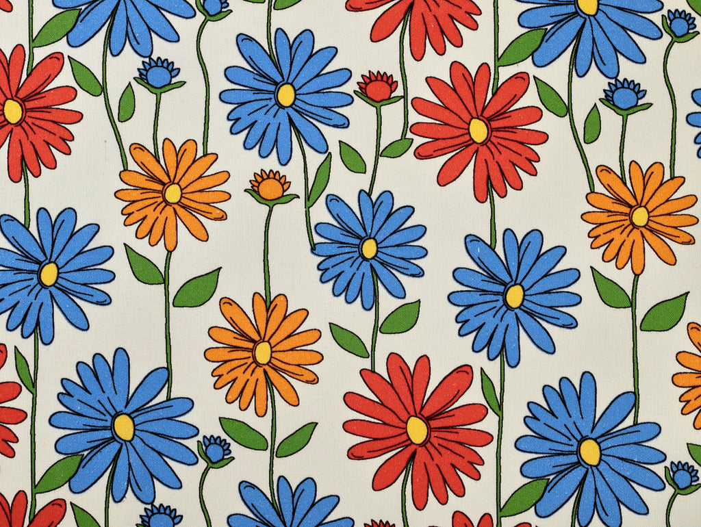 Pattern of colorful flowers including blue, red, and orange on a beige background.