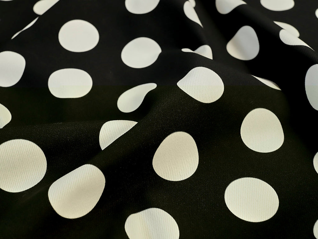 Black fabric with white polka dots