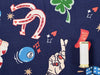 Patterned fabric with various symbols including a horseshoe, dice, and a hand with a cigarette on a blue background.