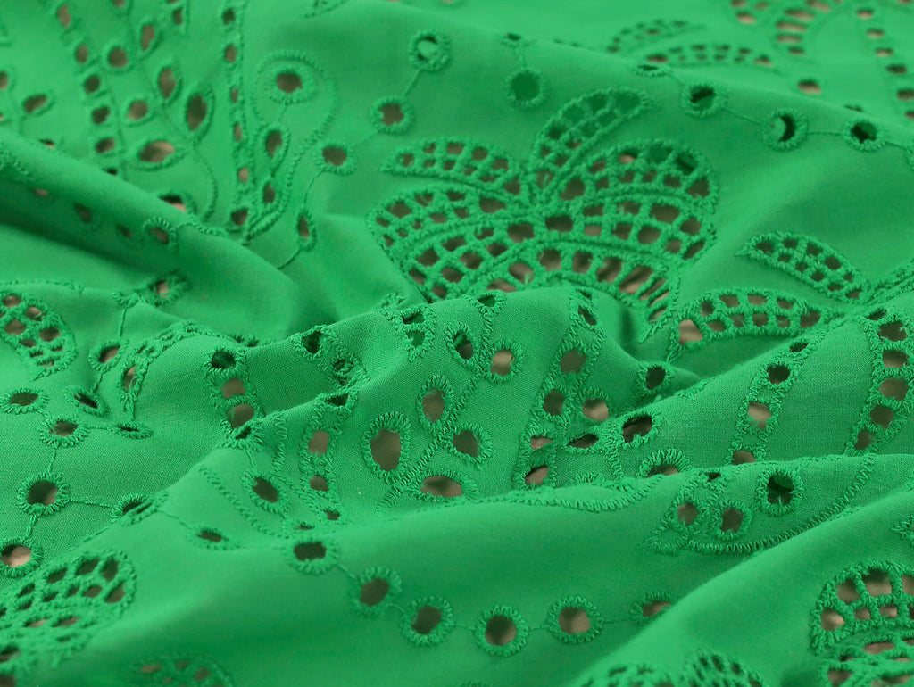 Close-up of green lace fabric with intricate patterns