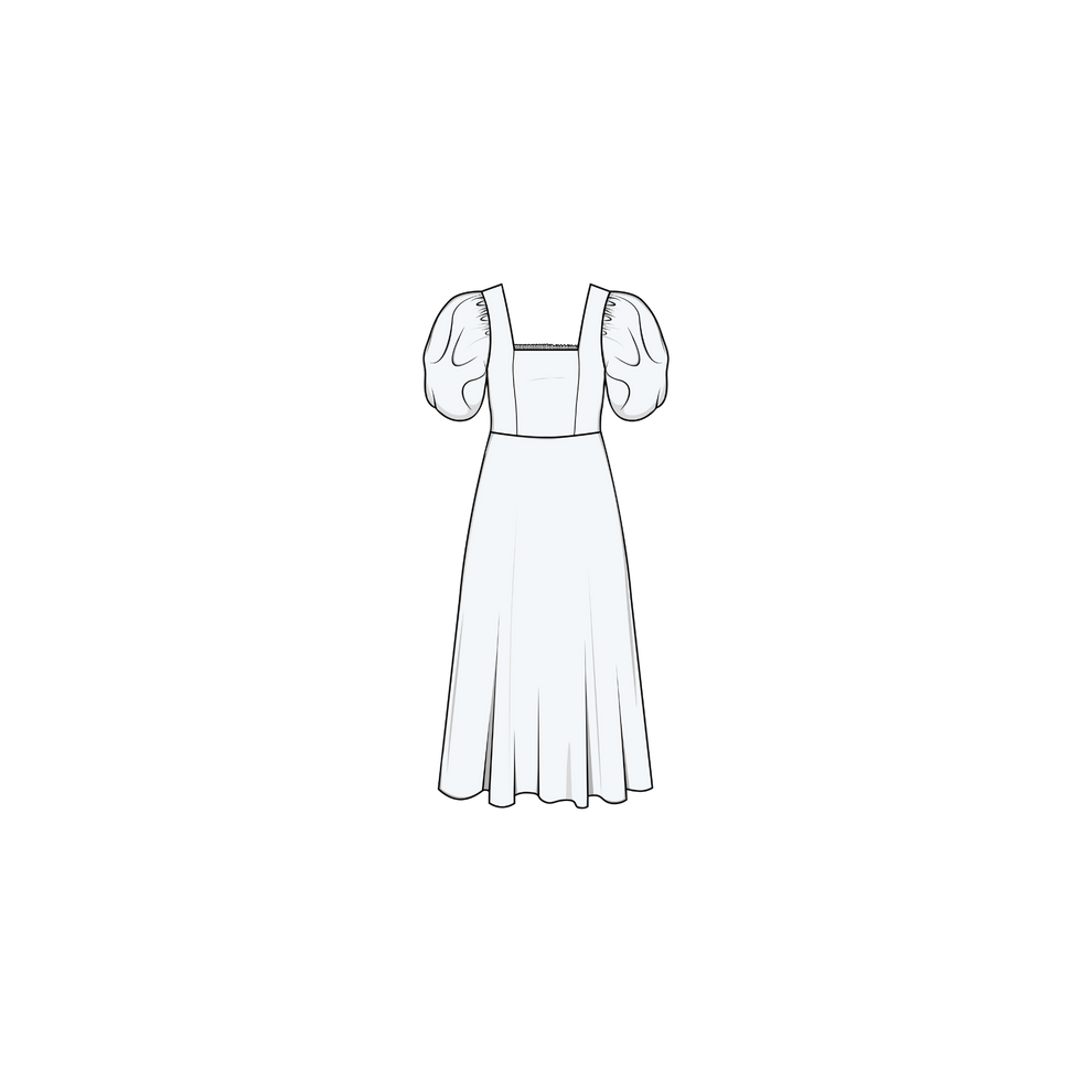 Line drawing of a white dress with puffed sleeves on a white background