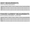 Measurement chart for body and finished garment dimensions in metric and imperial units.