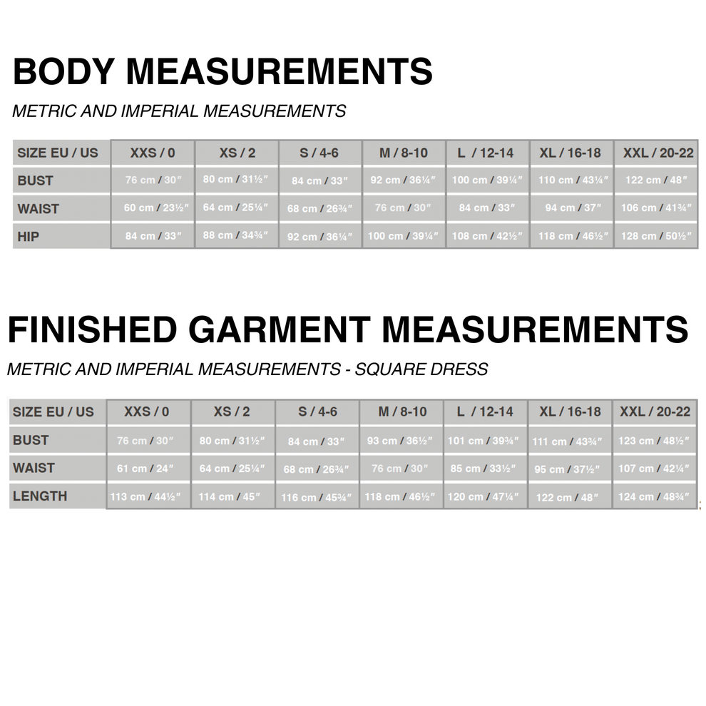 Measurement chart for body and finished garment dimensions in metric and imperial units.