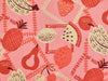 Fruit pattern with pears, bananas, and apples on a pink background