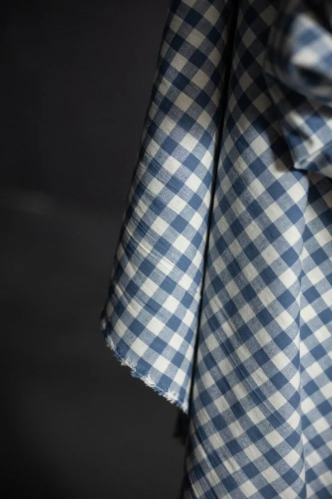 Blue and white checkered fabric on a dark background