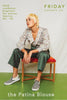 Woman sitting on a stool wearing a patterned blouse and pants with checkered shoes, against a plain background.