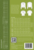 Back cover of a sewing pattern book with size chart, measurements, and QR code on a green background