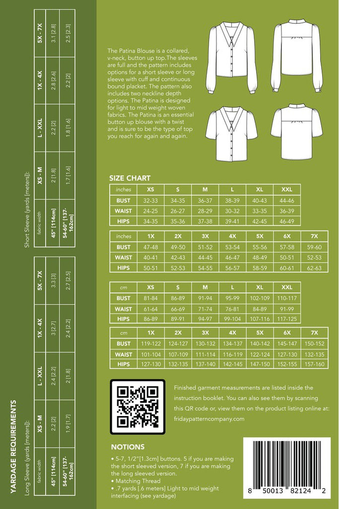 Back cover of a sewing pattern book with size chart, measurements, and QR code on a green background