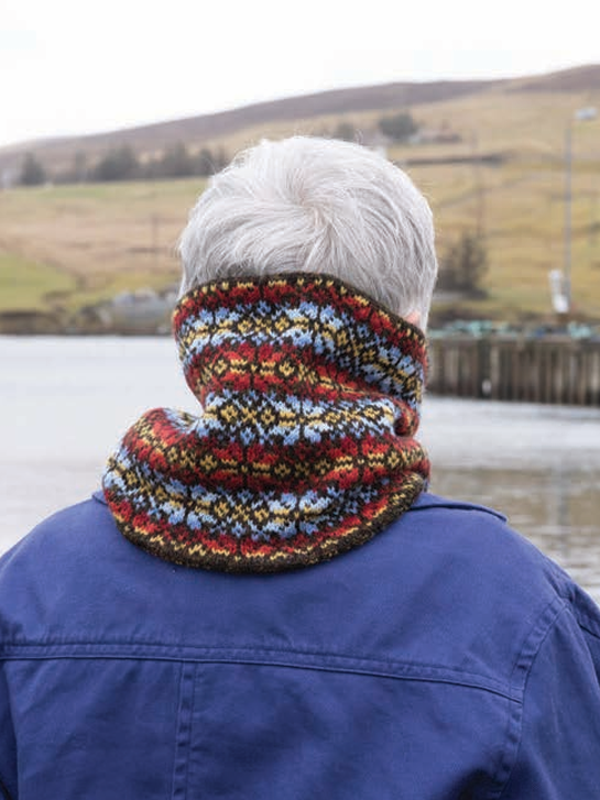 A person viewed from behind wearing a colorful knitted cowl neck warmer with a red, blue, yellow, and black pattern, standing outdoors near water and hills.