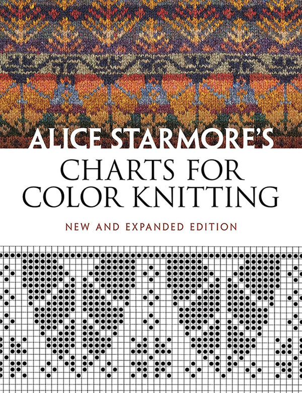 Book cover of 'Alice Starmore's Charts for Color Knitting' with knitting patterns and text.