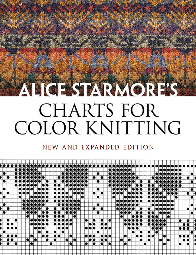 Book cover of 'Alice Starmore's Charts for Color Knitting' with knitting patterns and text.
