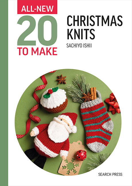 Book cover of 'All-New 20 Christmas Knits to Make' by Sachiyo Ishii with festive illustrations on a green background.