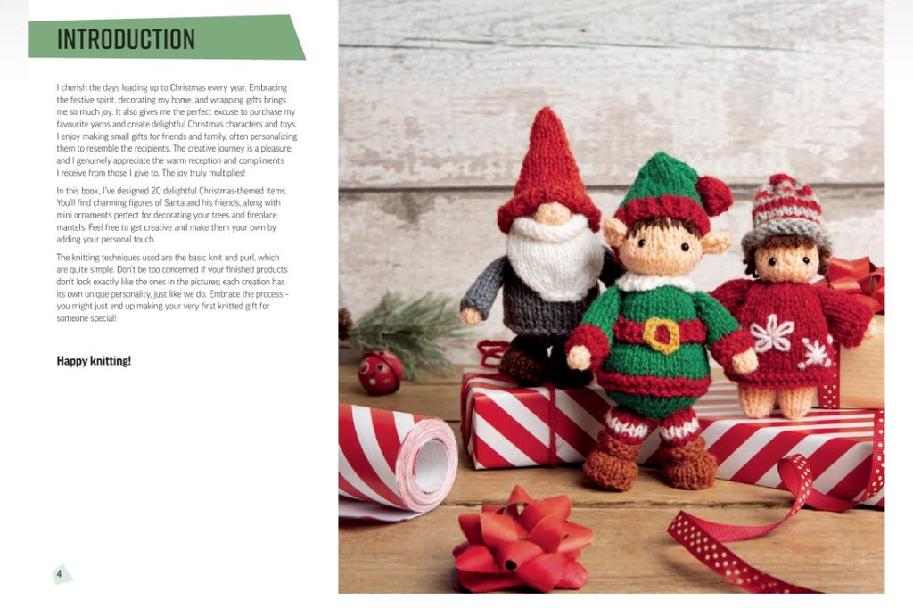 A book or booklet spread showing an introduction page on the left with text and a photo on the right of two knitted Christmas elf dolls posed with wrapped presents and holiday decorations on a wooden surface.