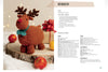 A printed knitting or crocheting pattern page for a handmade reindeer toy, showing a photo of the finished brown reindeer with a blue scarf and antlers on the left, alongside size information and instructions on the right.