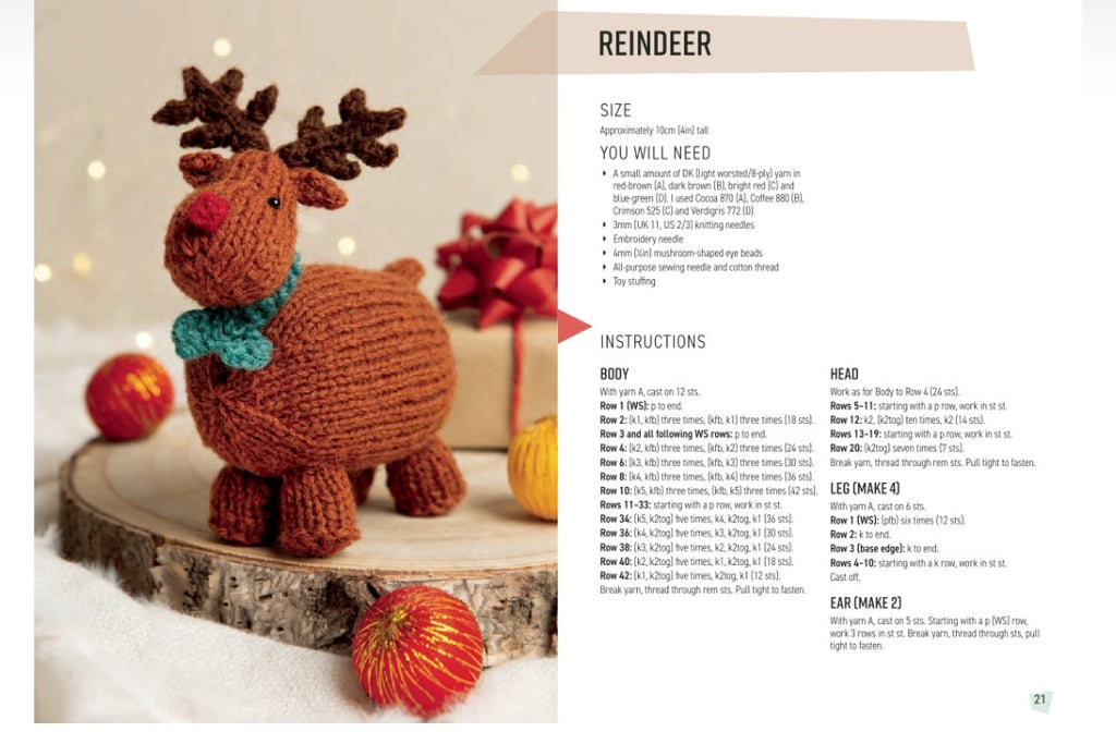 A printed knitting or crocheting pattern page for a handmade reindeer toy, showing a photo of the finished brown reindeer with a blue scarf and antlers on the left, alongside size information and instructions on the right.