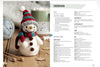 An open book or booklet spread showing a crocheted snowman doll on the left page and a yarn crafting instructions page on the right page, with the title 'SNOWMAN' at the top.
