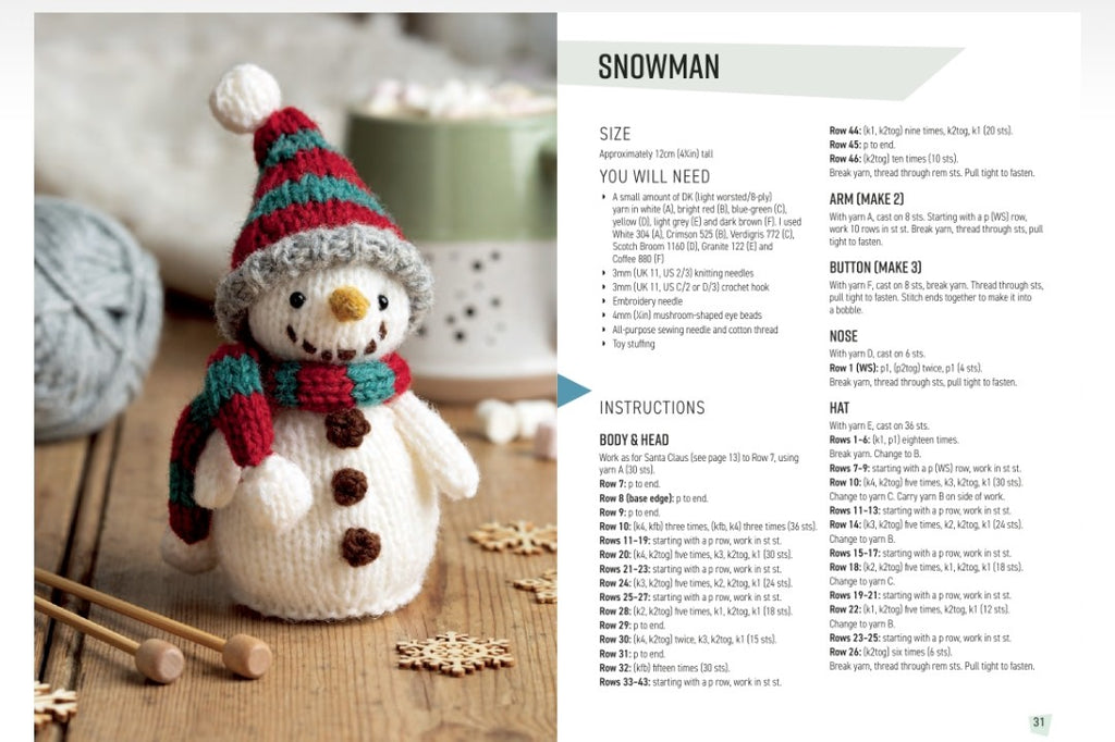 An open book or booklet spread showing a crocheted snowman doll on the left page and a yarn crafting instructions page on the right page, with the title 'SNOWMAN' at the top.