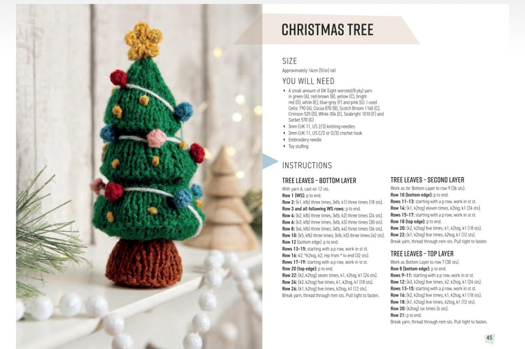 A printed instruction sheet showing how to make a small crocheted Christmas tree, with a photo of the finished green tree on the left and text sections for size, materials, and instructions on the right.