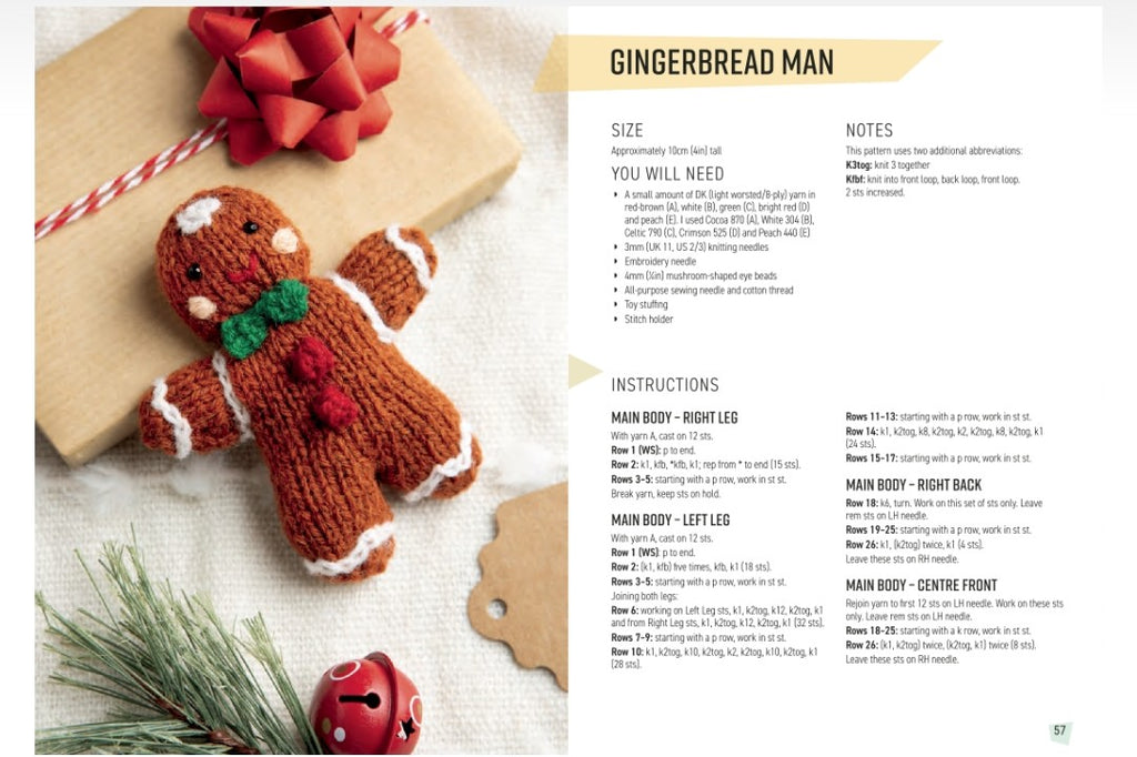 A printed knitting pattern page titled 'Gingerbread Man' showing size, notes, and step-by-step instructions beside a photo of a crocheted gingerbread man on a kraft paper background with holiday decorations.