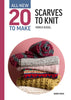 Book cover of 'All-New 20 Scarves to Knit' by Monica Russell with a stack of knitted scarves on a pink background.