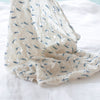 White fabric with blue patterns on a white background