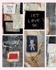 A collage of handmade textile patches and fabric samples with embroidered designs, stitched text, denim, and small sewing tools on a pale pink background.