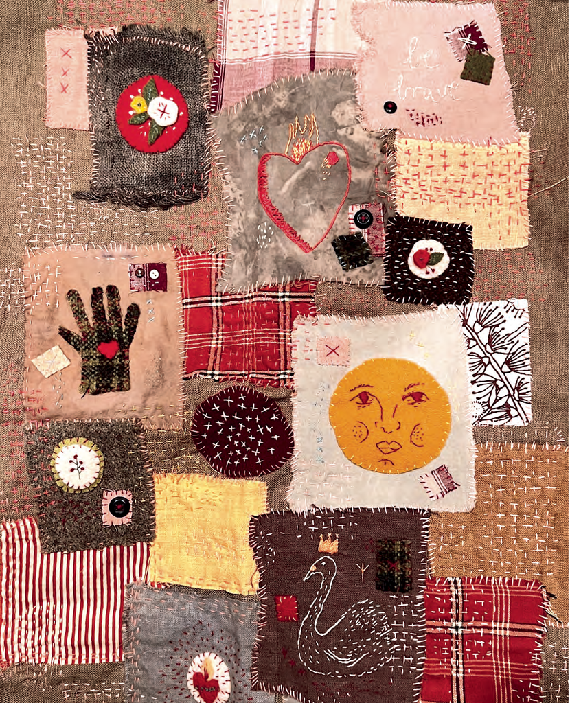 Textile art piece with various patterns and designs on a textured background